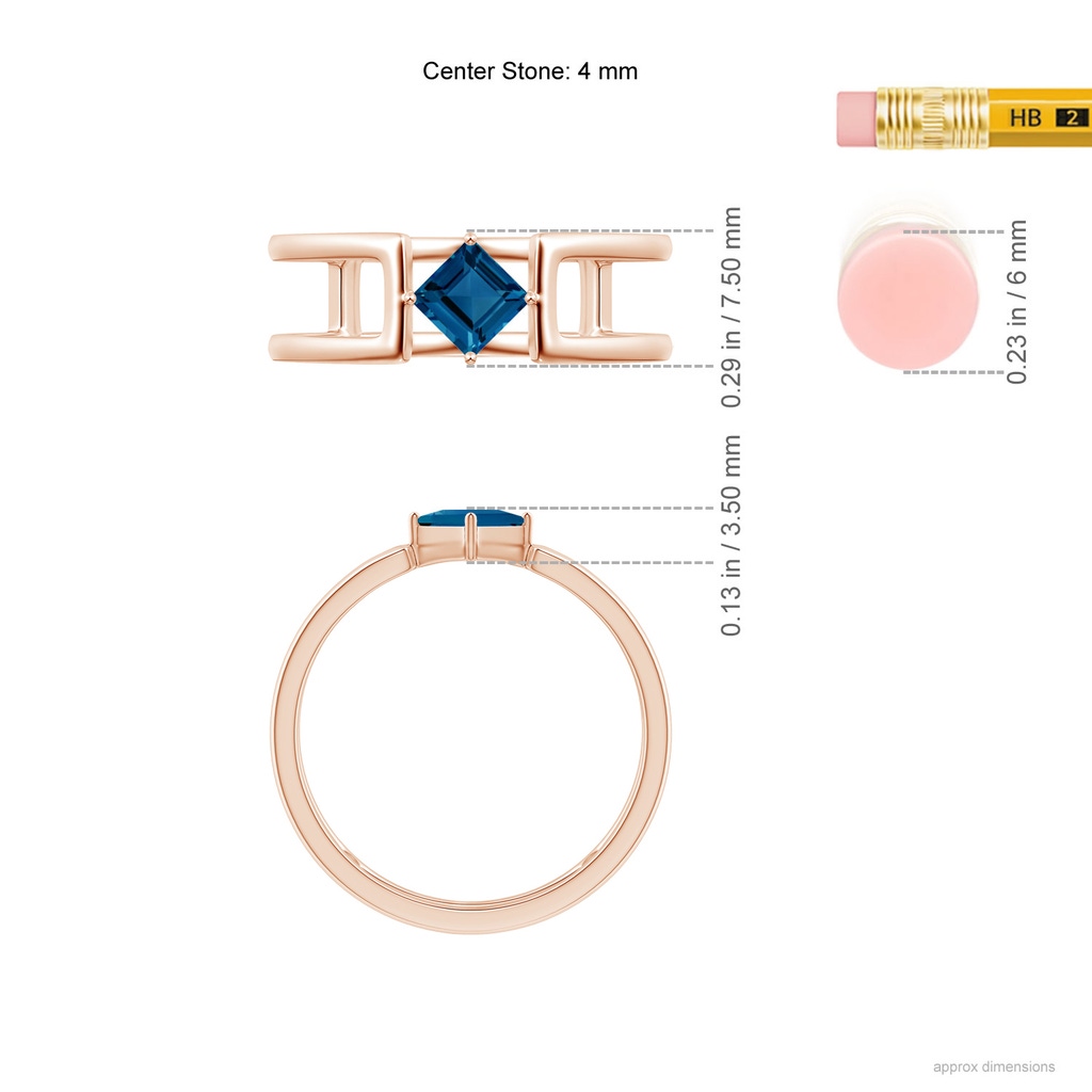 4mm AAA Square London Blue Topaz Solitaire Parallel Split Shank Ring in Rose Gold Ruler