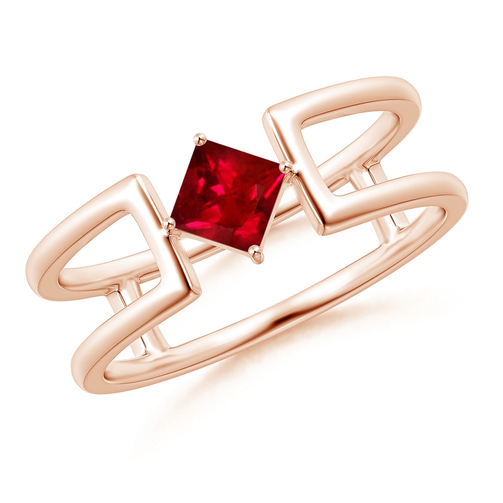 4mm AAAA Square Ruby Solitaire Parallel Split Shank Ring in Rose Gold