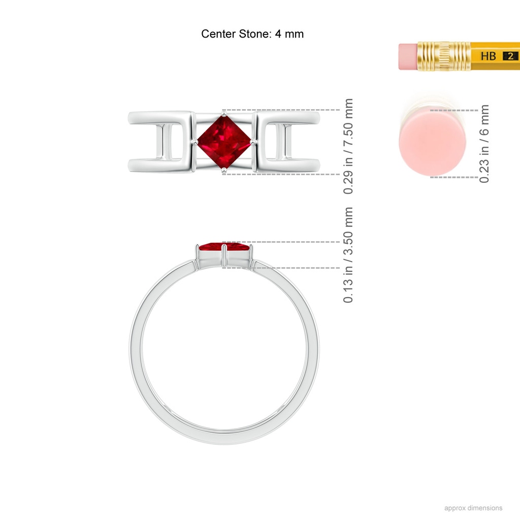4mm AAAA Square Ruby Solitaire Parallel Split Shank Ring in White Gold Ruler