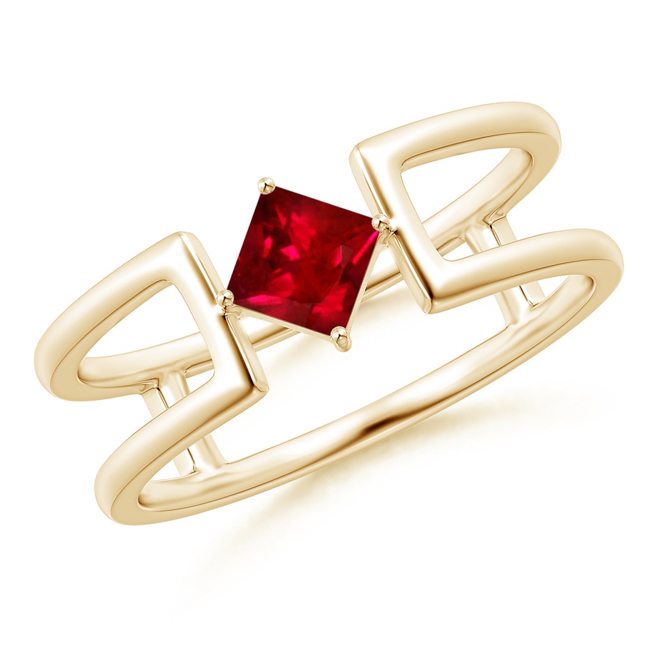 4mm AAAA Square Ruby Solitaire Parallel Split Shank Ring in Yellow Gold 