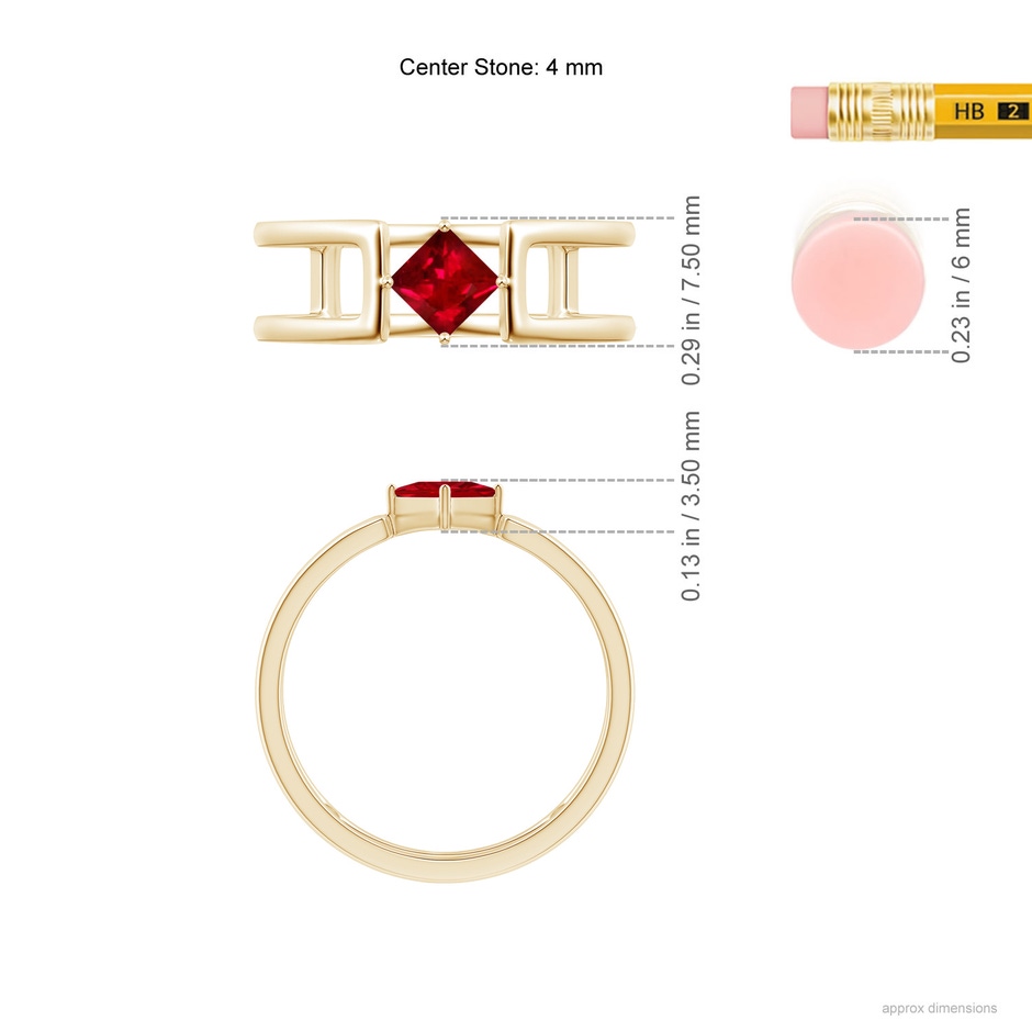 4mm AAAA Square Ruby Solitaire Parallel Split Shank Ring in Yellow Gold ruler
