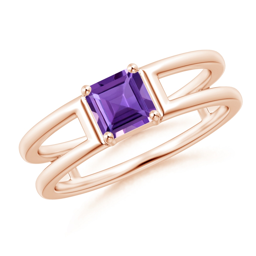 5mm AAA Parallel Split Shank Square Emerald-Cut Amethyst Ring in 9K Rose Gold