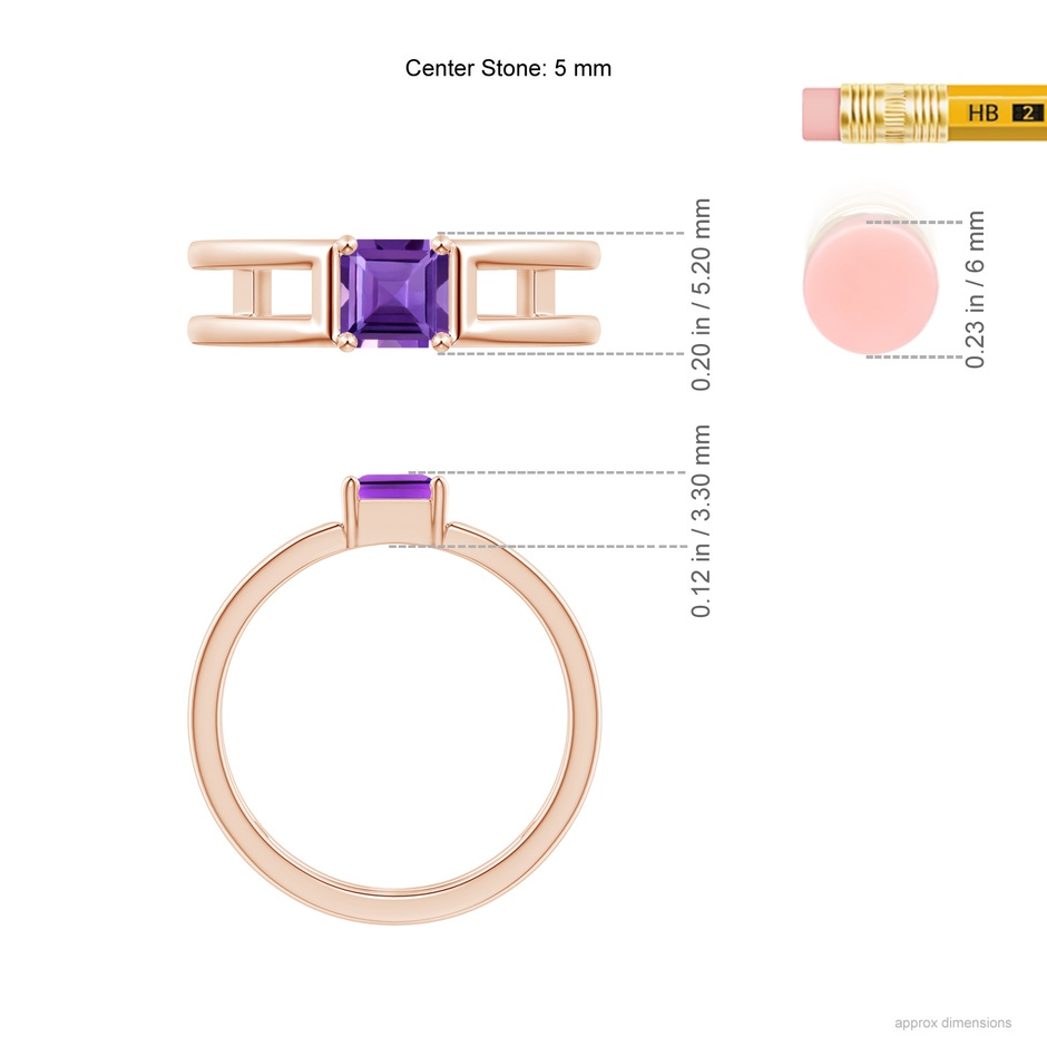 5mm AAA Parallel Split Shank Square Emerald-Cut Amethyst Ring in 9K Rose Gold ruler