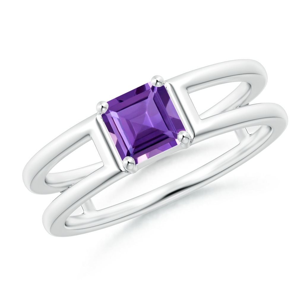 5mm AAA Parallel Split Shank Square Emerald-Cut Amethyst Ring in White Gold