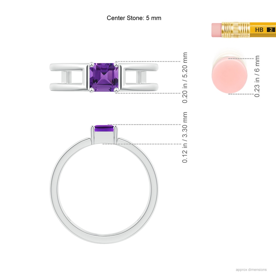 5mm AAAA Parallel Split Shank Square Emerald-Cut Amethyst Ring in White Gold ruler