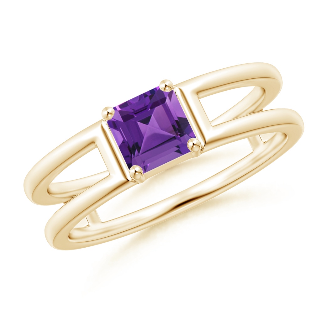 5mm AAAA Parallel Split Shank Square Emerald-Cut Amethyst Ring in Yellow Gold
