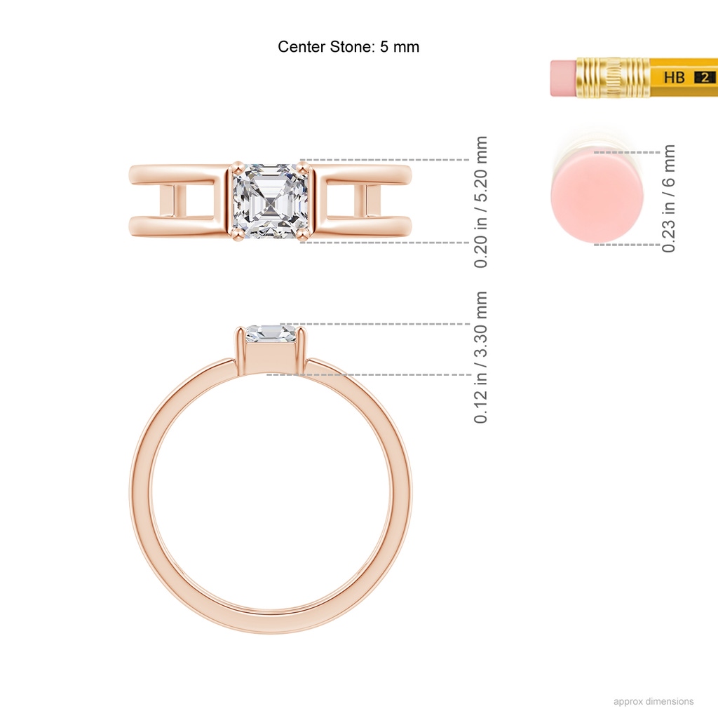 5mm HSI2 Parallel Split Shank Asscher Diamond Ring in Rose Gold Ruler