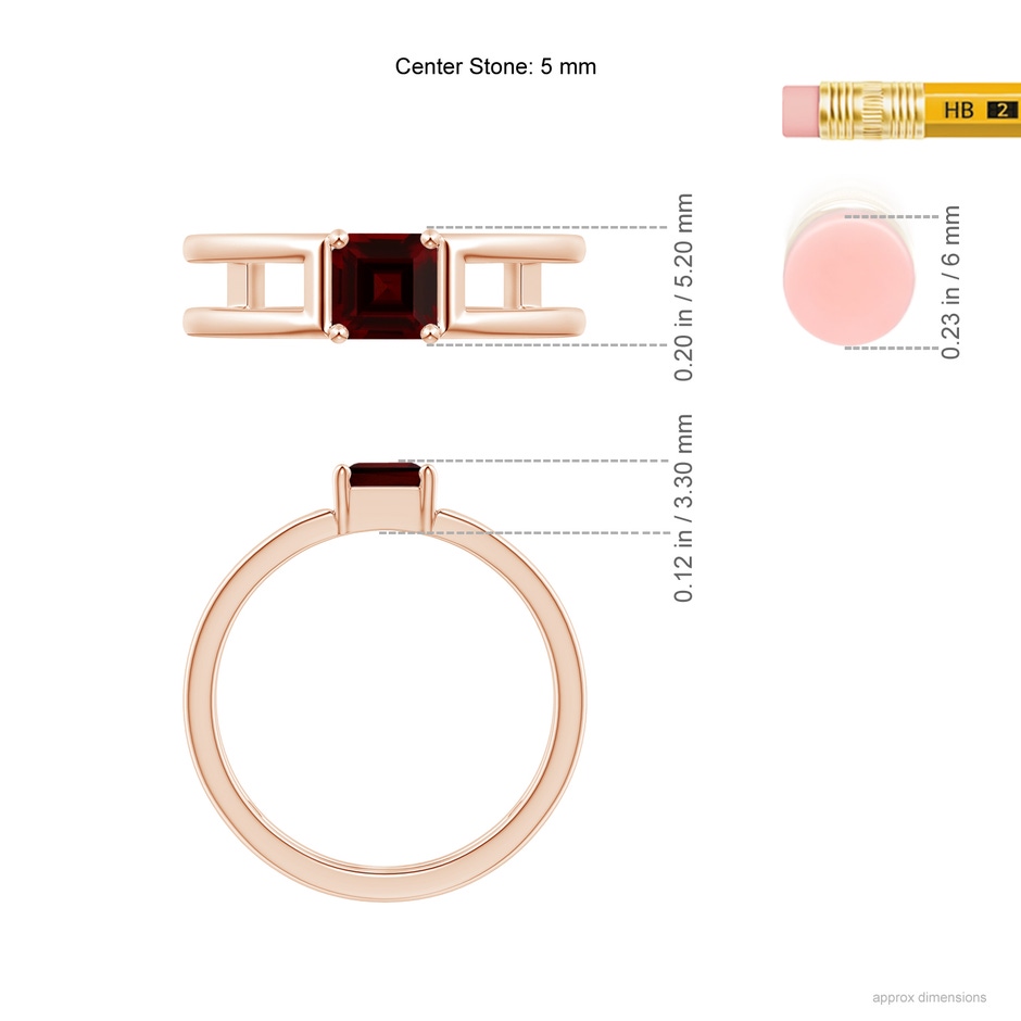 5mm AA Parallel Split Shank Square Emerald-Cut Garnet Ring in Rose Gold ruler