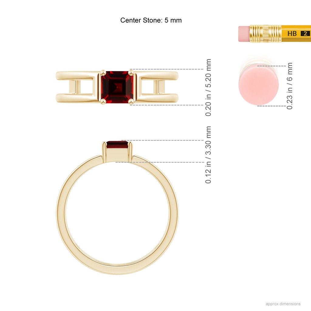 5mm AAAA Parallel Split Shank Square Emerald-Cut Garnet Ring in Yellow Gold Ruler