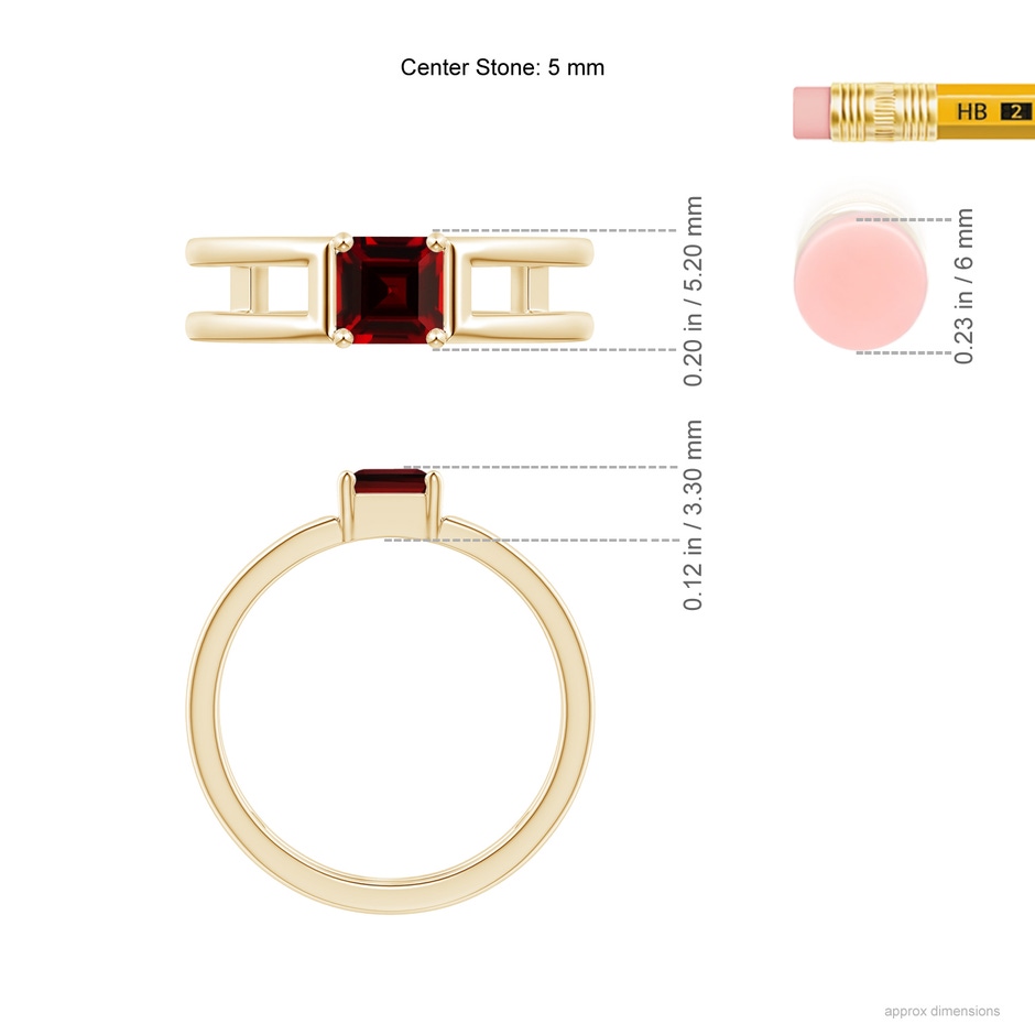 5mm AAAA Parallel Split Shank Square Emerald-Cut Garnet Ring in Yellow Gold ruler