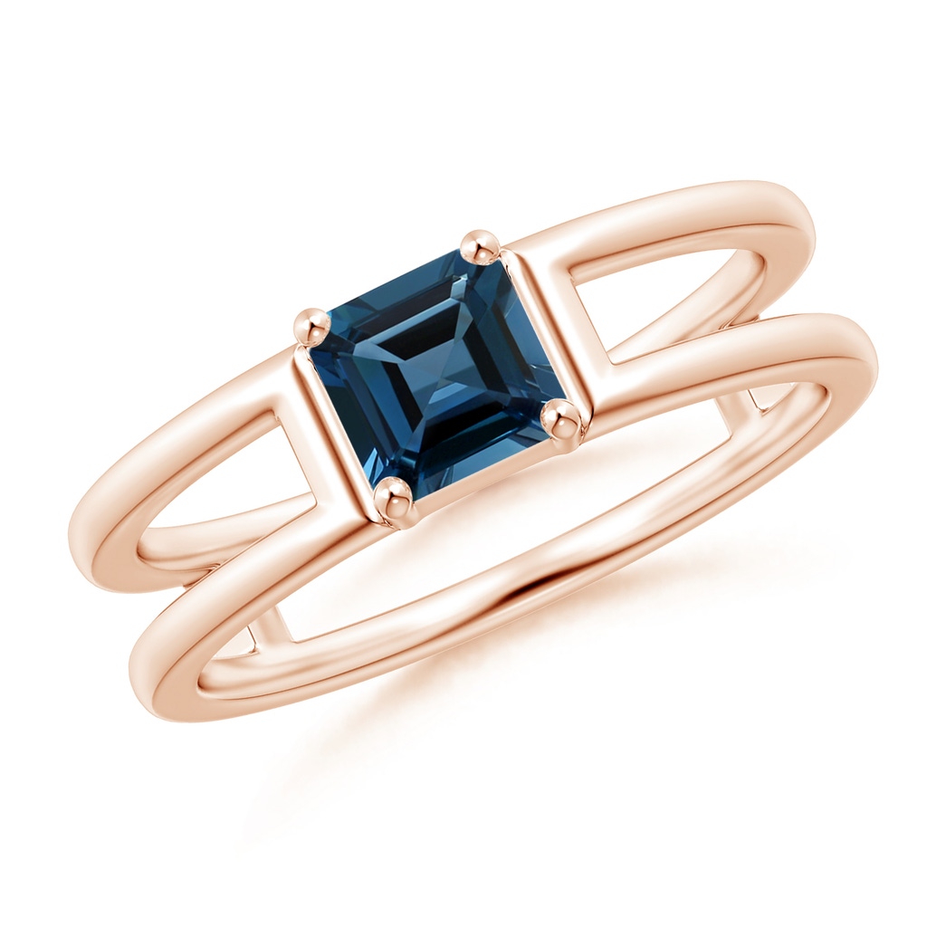 5mm AAAA Parallel Split Shank Square Emerald-Cut London Blue Topaz Ring in Rose Gold