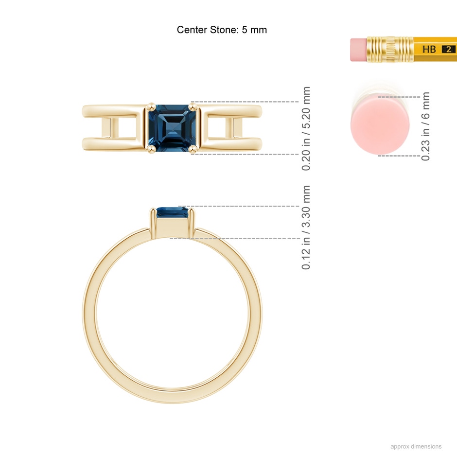 5mm AAAA Parallel Split Shank Square Emerald-Cut London Blue Topaz Ring in Yellow Gold ruler