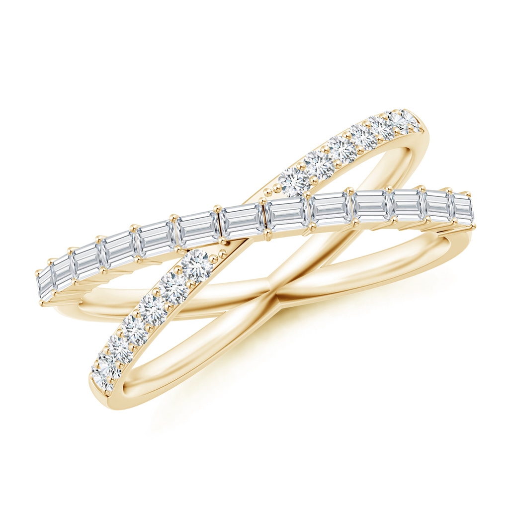 2x1.5mm GVS2 Baguette & Round Diamond Crossover Ring in Yellow Gold