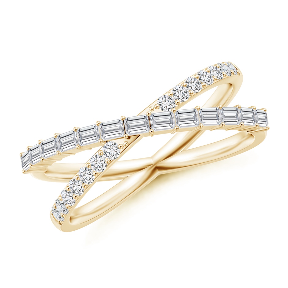 2x1.5mm HSI2 Baguette & Round Diamond Crossover Ring in Yellow Gold 