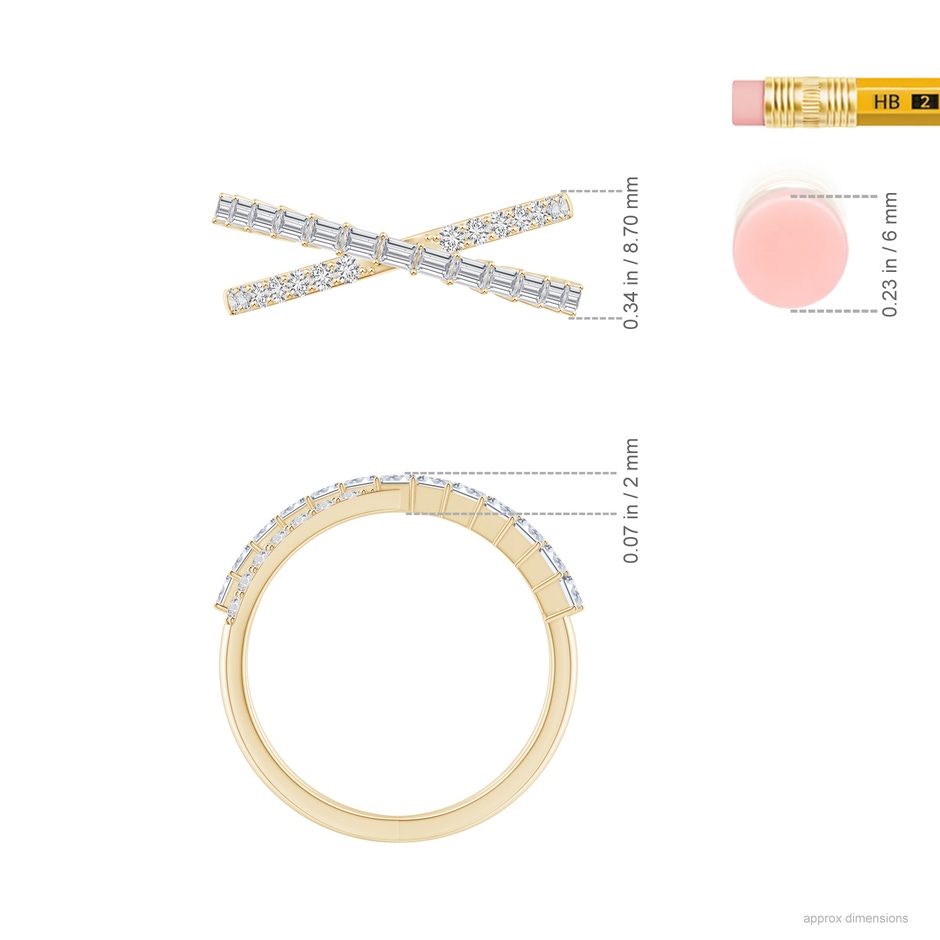 2x1.5mm HSI2 Baguette & Round Diamond Crossover Ring in Yellow Gold ruler