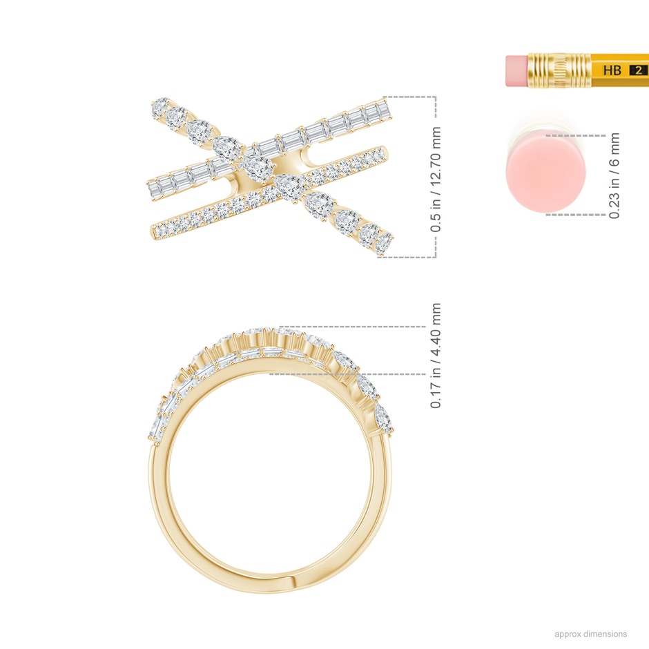 3x2mm GVS2 Multi-Shape Diamond Crossover Ring in Yellow Gold ruler