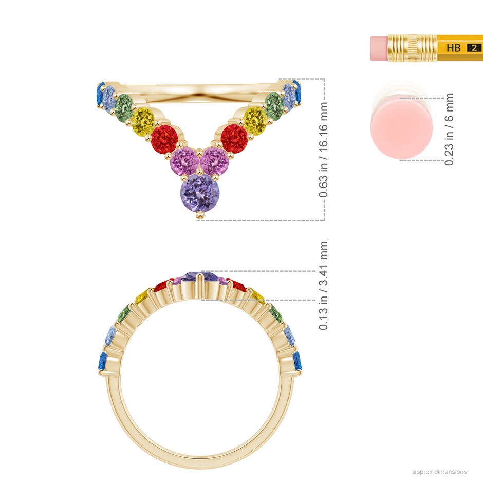 4mm AAA Spectra Prong-Set Round Multi-Sapphire Chevron Ring in Yellow Gold ruler