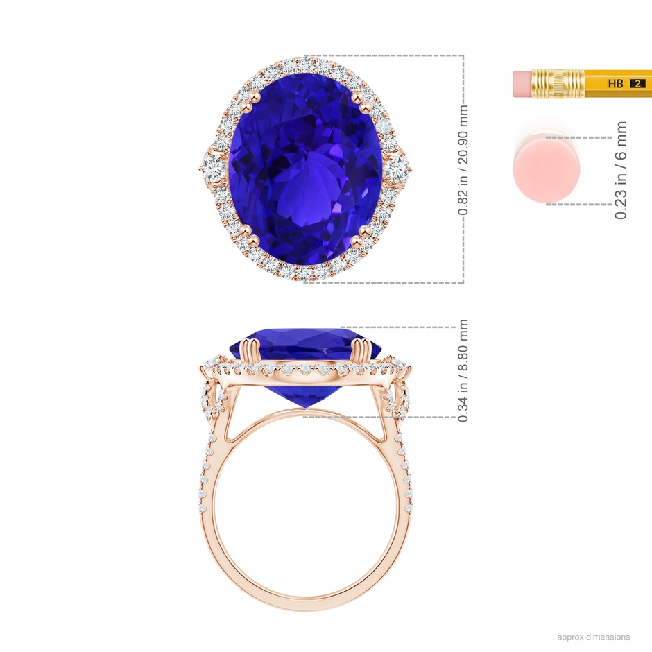 17.67x14.95x9.87mm AAAA GIA Certified Oval Tanzanite Halo Split Shank Ring in Rose Gold ruler