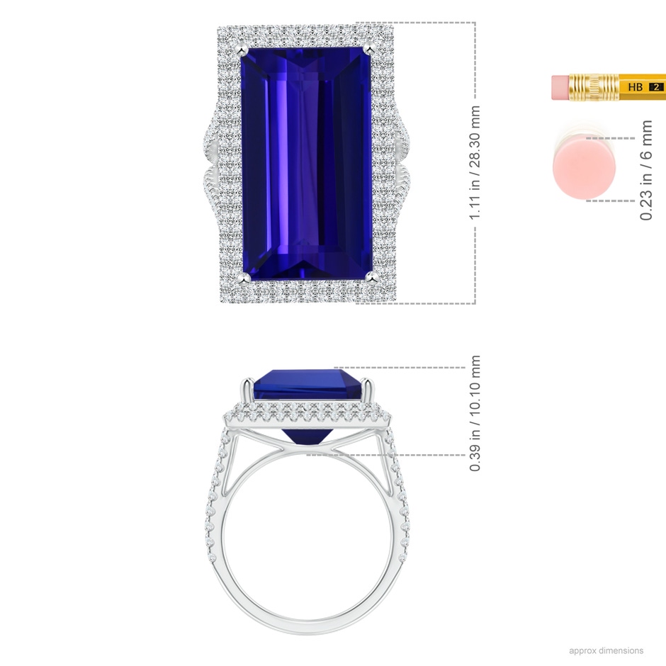 21.98x12.28x8.56mm AAAA GIA Certified Rectangular Tanzanite Double Halo Split Shank Ring in 18K White Gold ruler