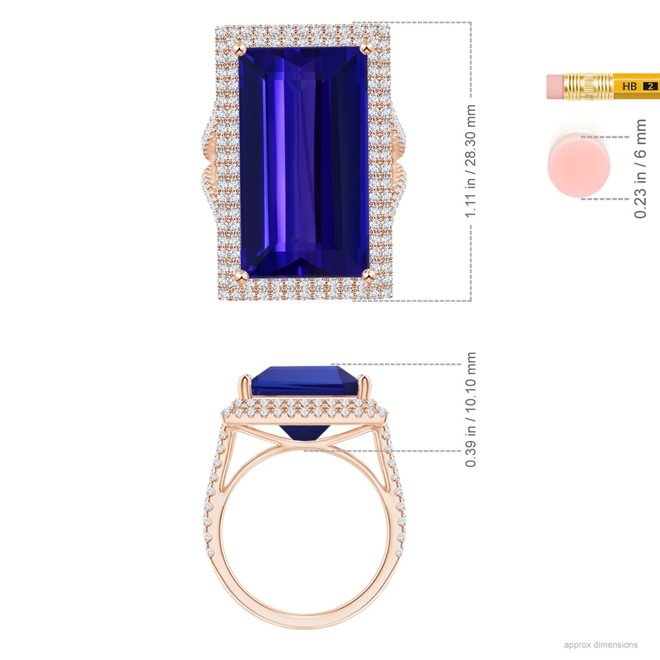 21.98x12.28x8.56mm AAAA GIA Certified Rectangular Tanzanite Double Halo Split Shank Ring in Rose Gold ruler