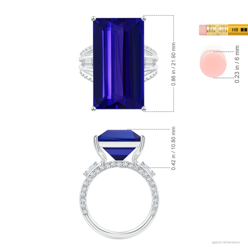 21.98x12.28x8.56mm AAAA GIA Certified Rectangular Tanzanite Split Shank Ring with Diamonds in 18K White Gold ruler