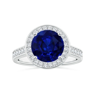 8.94-9.04x5.16mm AAAA Round GIA Certified Blue Sapphire Halo Ring with Diamonds in 18K White Gold