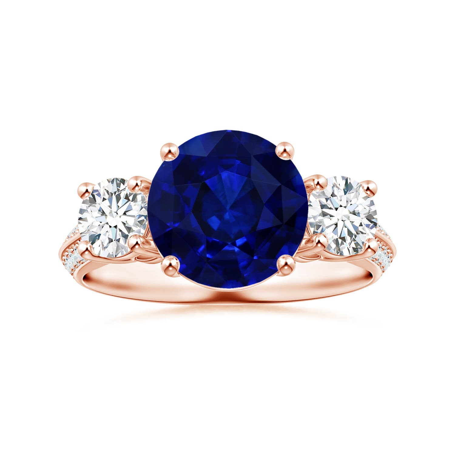Angara 4.29 CTW GIA Certified Blue Sapphire Knife Edge Three Stone Ring with Diamonds in 18K Rose Gold