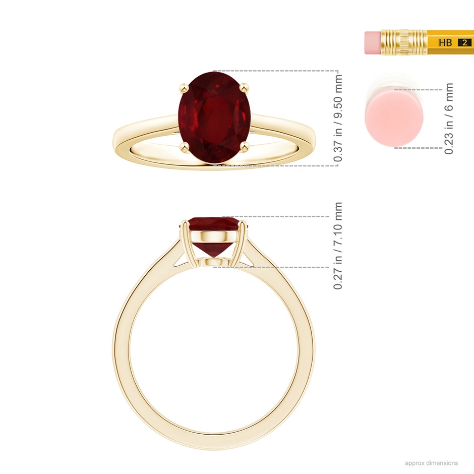 9.55x6.77x4.98mm AAA Prong-Set GIA Certified Solitaire Oval Ruby Ring with Reverse Tapered Shank in Yellow Gold ruler