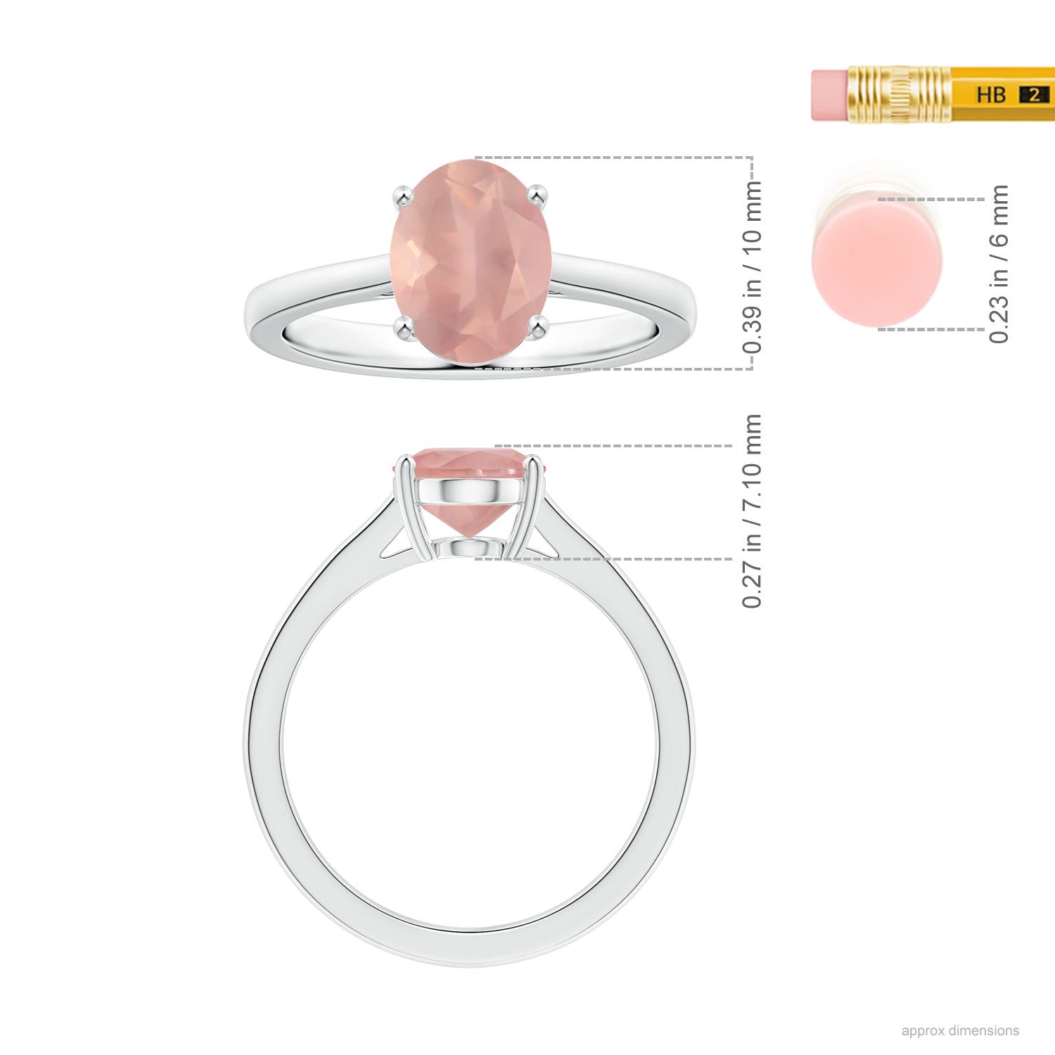 10.12x8.07x5.48mm AAAA Prong-Set GIA Certified Solitaire Oval Rose Quartz Reverse Tapered Shank Ring in White Gold - ruler