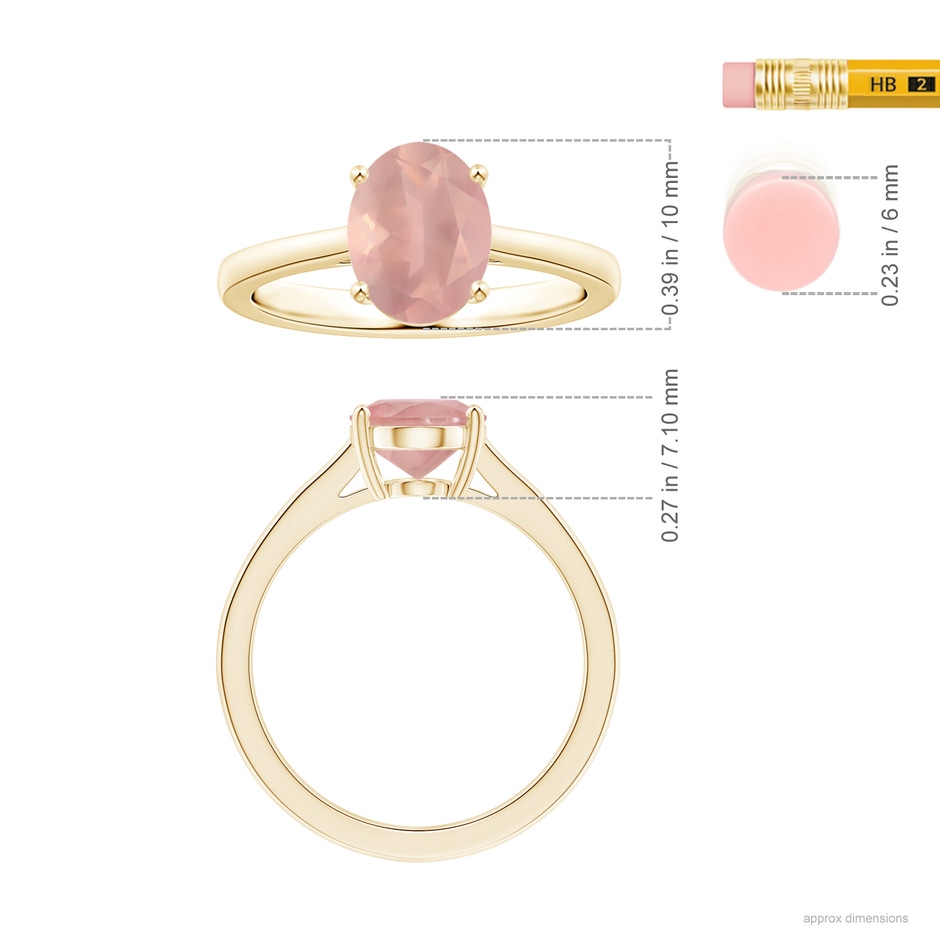 10.12x8.07x5.48mm AAAA Prong-Set GIA Certified Solitaire Oval Rose Quartz Reverse Tapered Shank Ring in Yellow Gold ruler