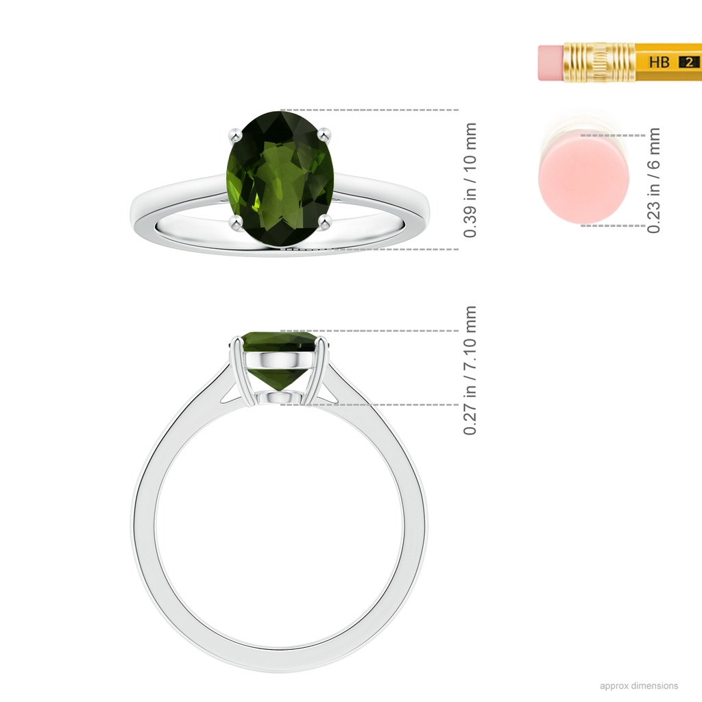 9.78x7.73x4.46mm AAA GIA Certified Prong-Set Solitaire Oval Tourmaline Ring with Reverse Tapered Shank in White Gold ruler