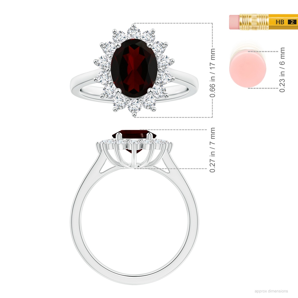 10.14x7.08x4.49mm AAAA Princess Diana Inspired GIA Certified Oval Garnet Reverse Tapered Ring with Halo in White Gold ruler