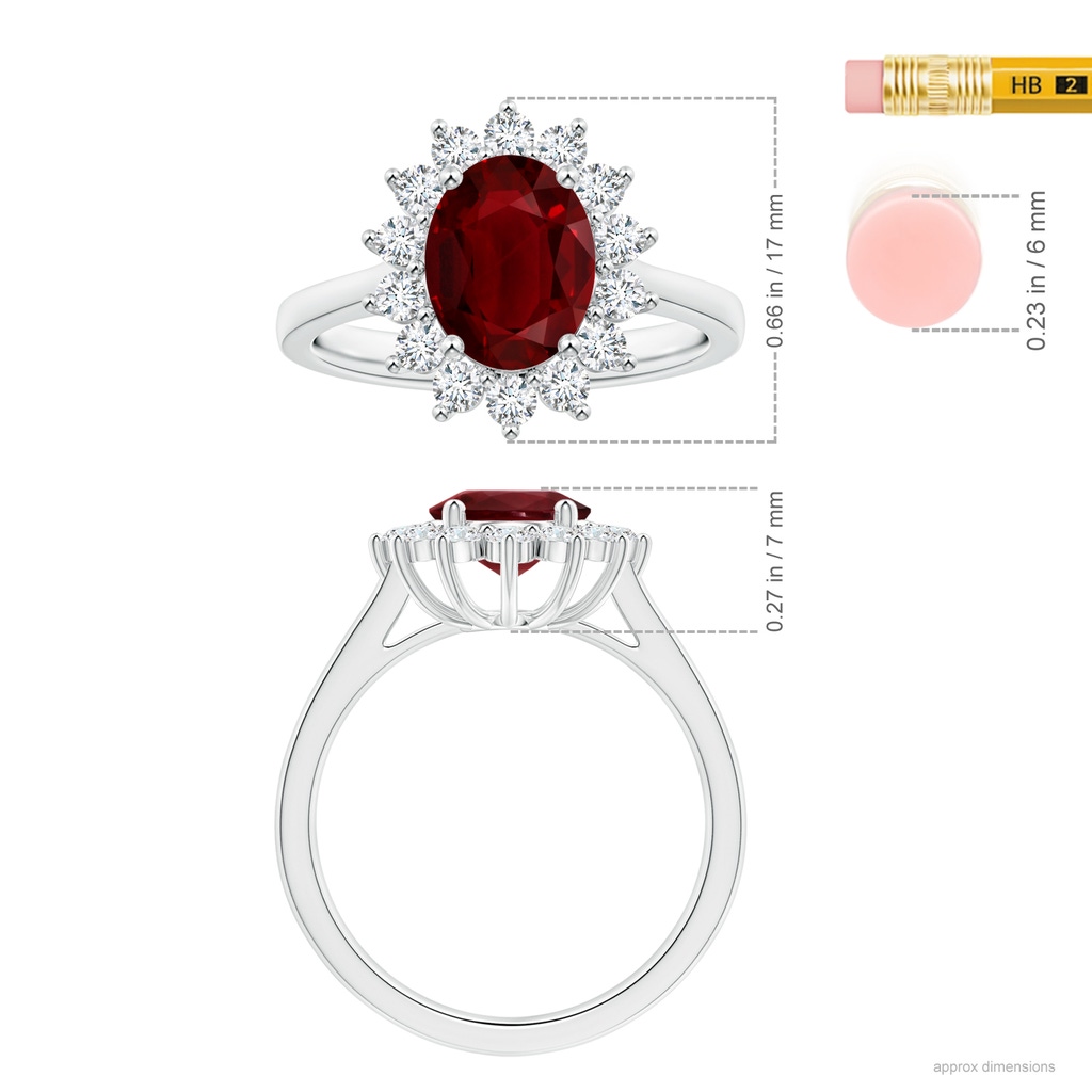 10.27x7.97x4.02mm AAA Princess Diana Inspired GIA Certified Oval Ruby Halo Reverse Tapered Shank Ring in 18K White Gold Ruler