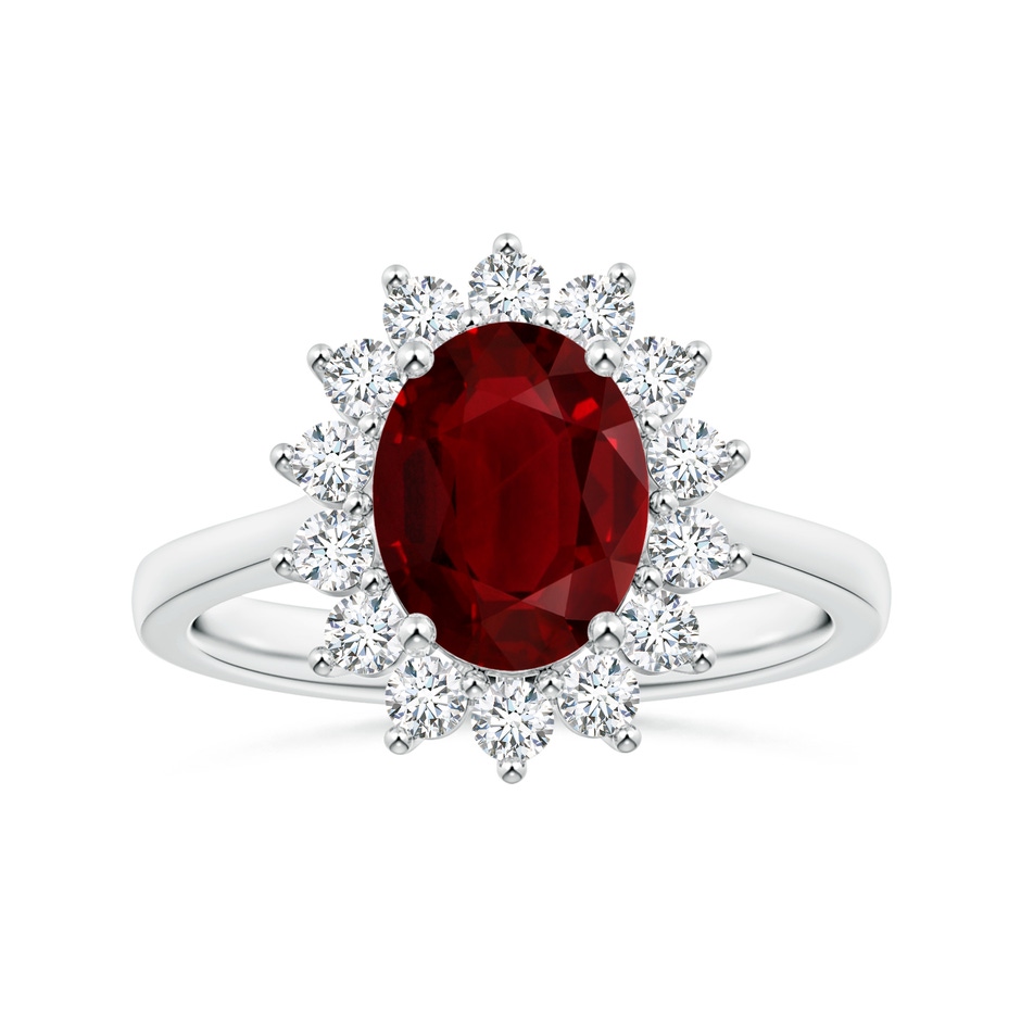 10.27x7.97x4.02mm AAA Princess Diana Inspired GIA Certified Oval Ruby Halo Reverse Tapered Shank Ring in P950 Platinum 