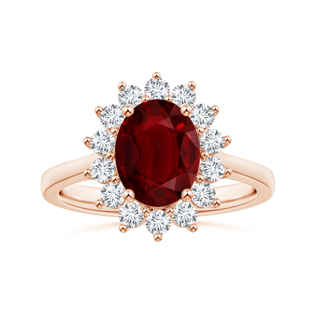 10.27x7.97x4.02mm AAA Princess Diana Inspired GIA Certified Oval Ruby Halo Reverse Tapered Shank Ring in Rose Gold