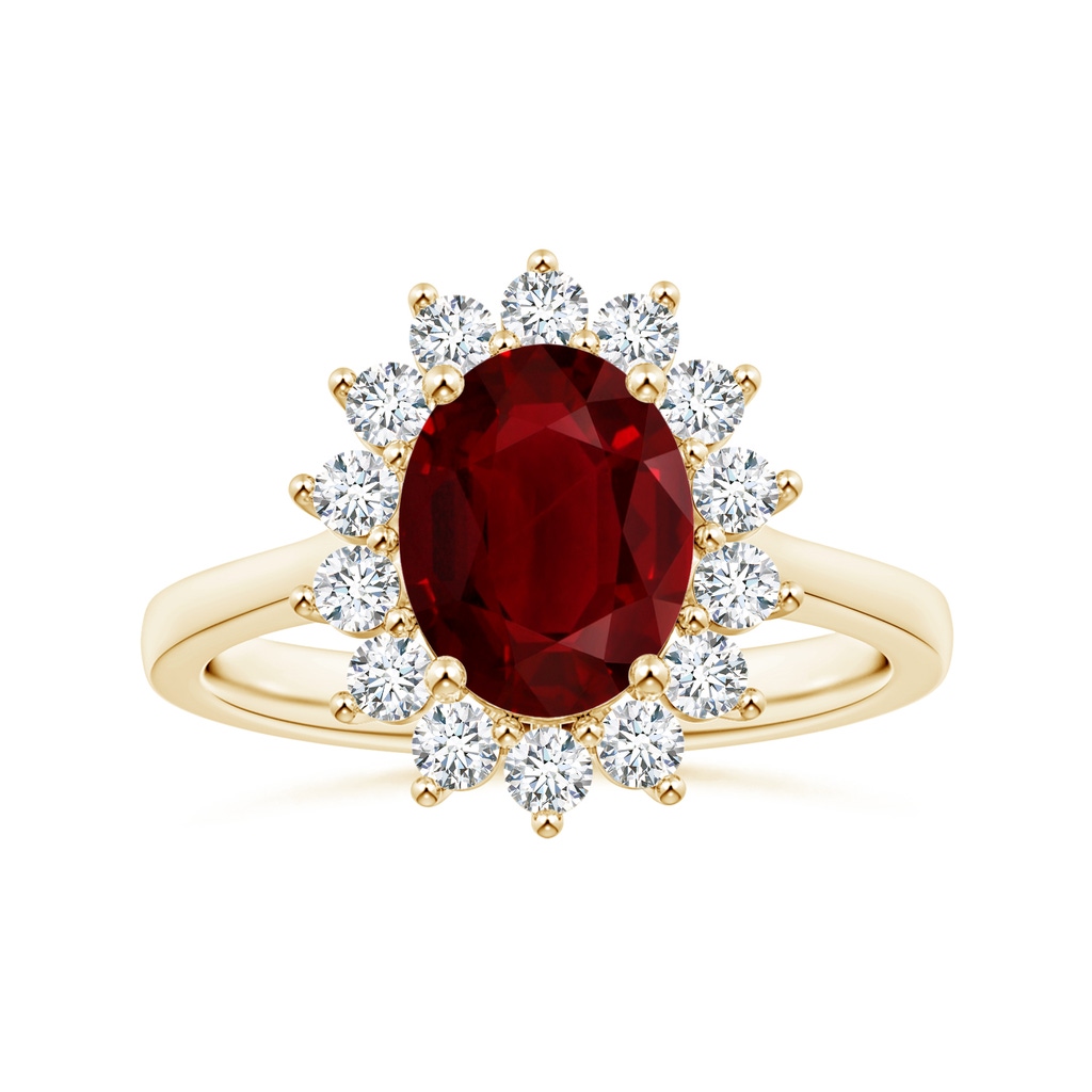 10.27x7.97x4.02mm AAA Princess Diana Inspired GIA Certified Oval Ruby Halo Reverse Tapered Shank Ring in Yellow Gold