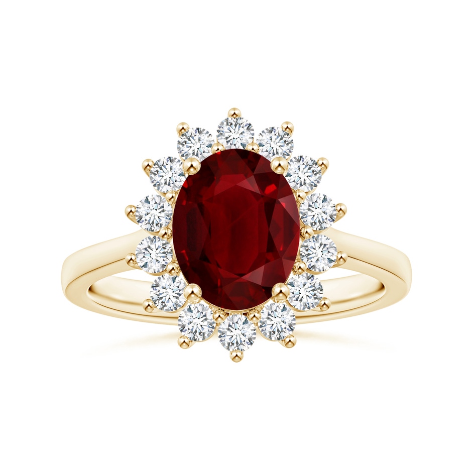 10.27x7.97x4.02mm AAA Princess Diana Inspired GIA Certified Oval Ruby Halo Reverse Tapered Shank Ring in Yellow Gold 