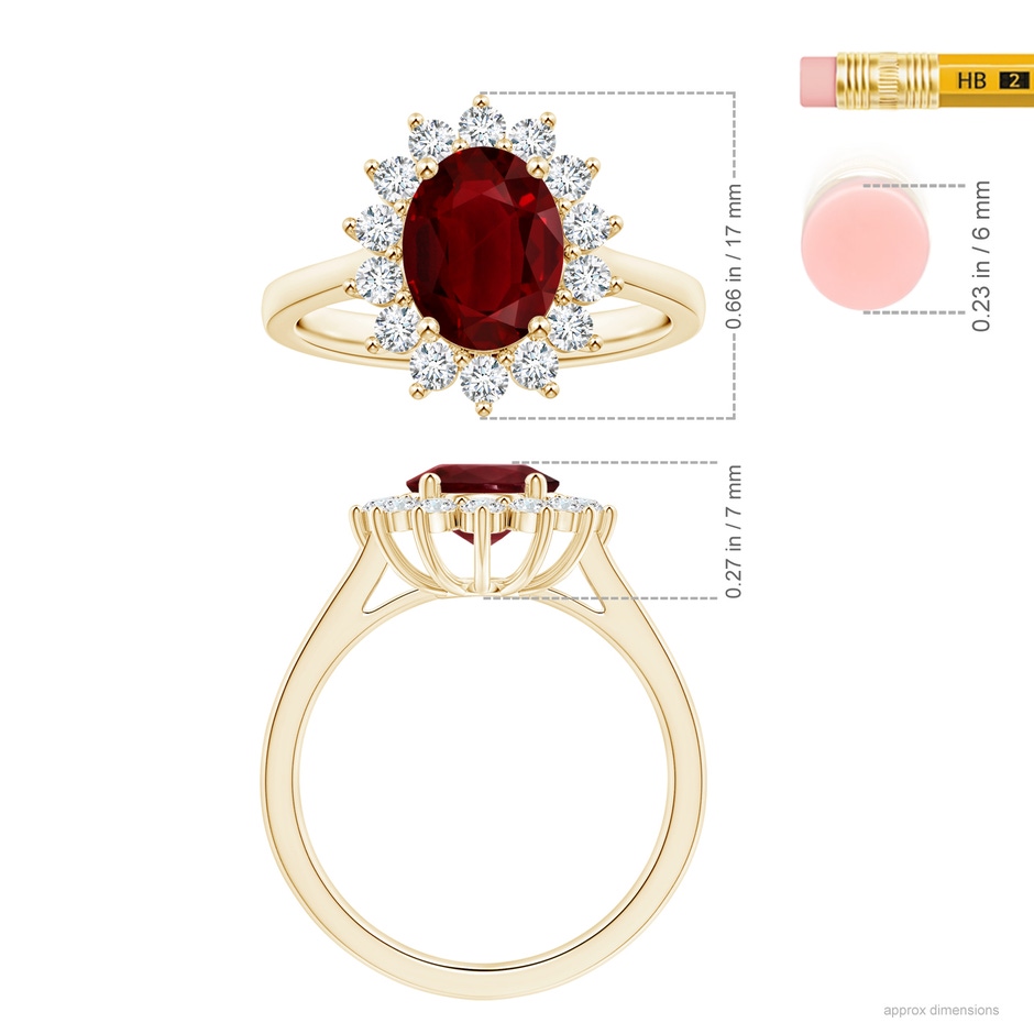 10.27x7.97x4.02mm AAA Princess Diana Inspired GIA Certified Oval Ruby Halo Reverse Tapered Shank Ring in Yellow Gold ruler