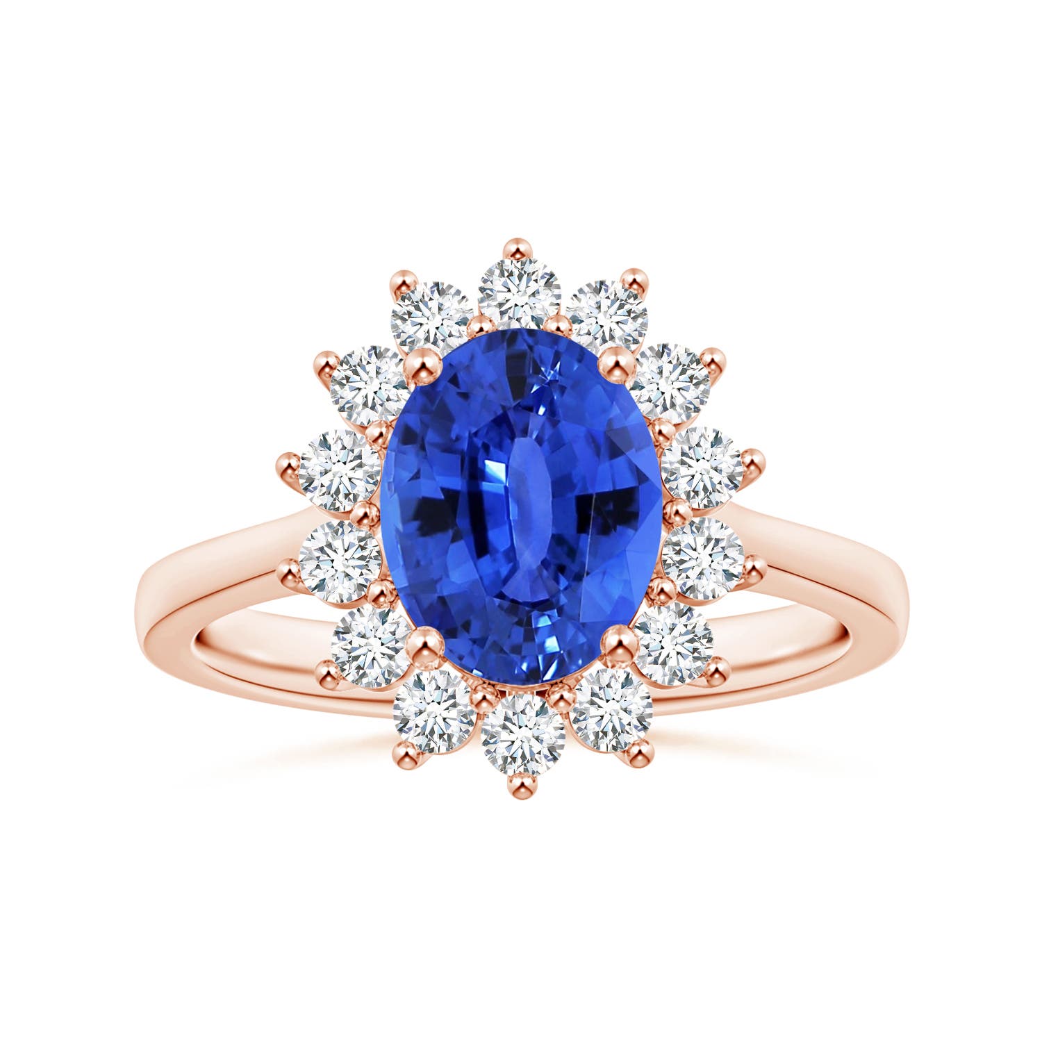 10.04x7.99x5.05mm AAAA GIA Certified Princess Diana Inspired Oval Sapphire Reverse Tapered Shank Ring with Halo in 18CT Rose Gold
