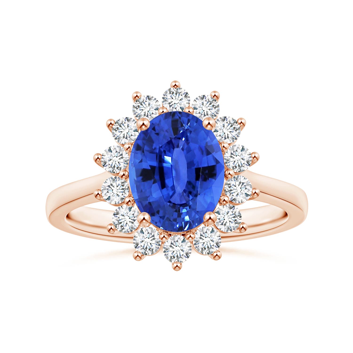 10.04x7.99x5.05mm AAAA GIA Certified Princess Diana Inspired Oval Sapphire Reverse Tapered Shank Ring with Halo in Rose Gold