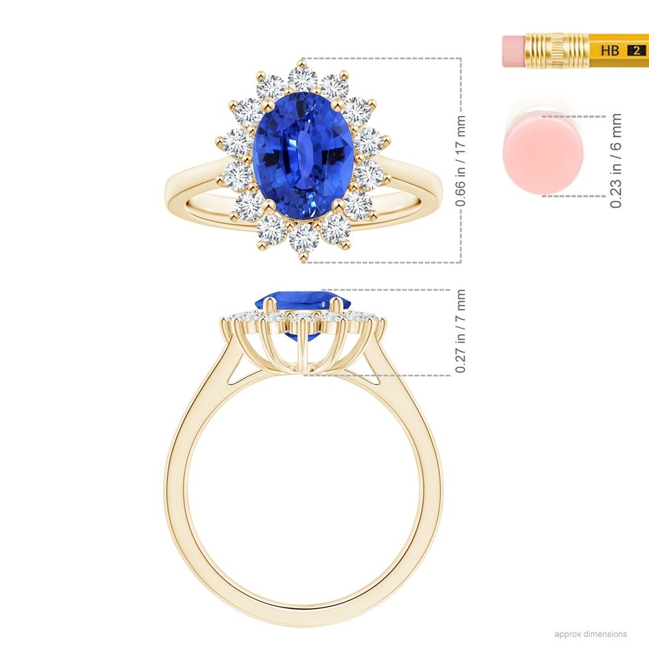 10.04x7.99x5.05mm AAAA GIA Certified Princess Diana Inspired Oval Sapphire Reverse Tapered Shank Ring with Halo in Yellow Gold ruler