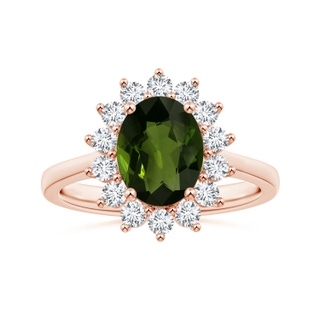 9.78x7.73x4.46mm AAA GIA Certified Princess Diana Inspired Oval Tourmaline Reverse Tapered Shank Ring with Halo in 18K Rose Gold