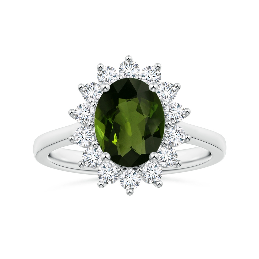 9.78x7.73x4.46mm AAA GIA Certified Princess Diana Inspired Oval Tourmaline Reverse Tapered Shank Ring with Halo in P950 Platinum