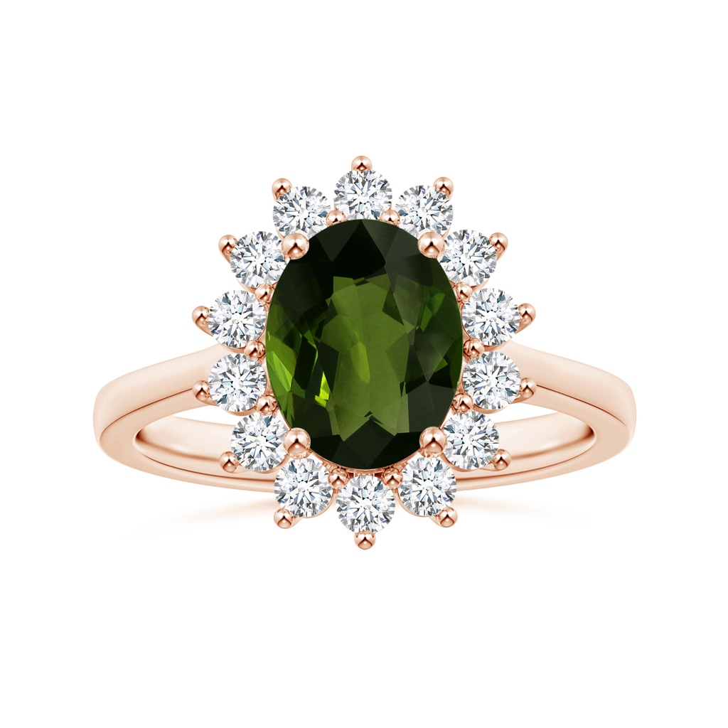 9.78x7.73x4.46mm AAA GIA Certified Princess Diana Inspired Oval Tourmaline Reverse Tapered Shank Ring with Halo in Rose Gold
