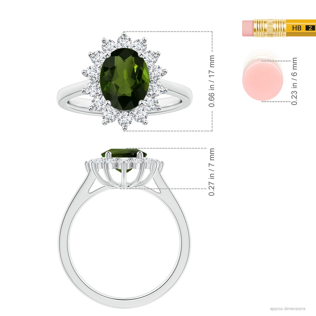 9.78x7.73x4.46mm AAA GIA Certified Princess Diana Inspired Oval Tourmaline Reverse Tapered Shank Ring with Halo in White Gold ruler