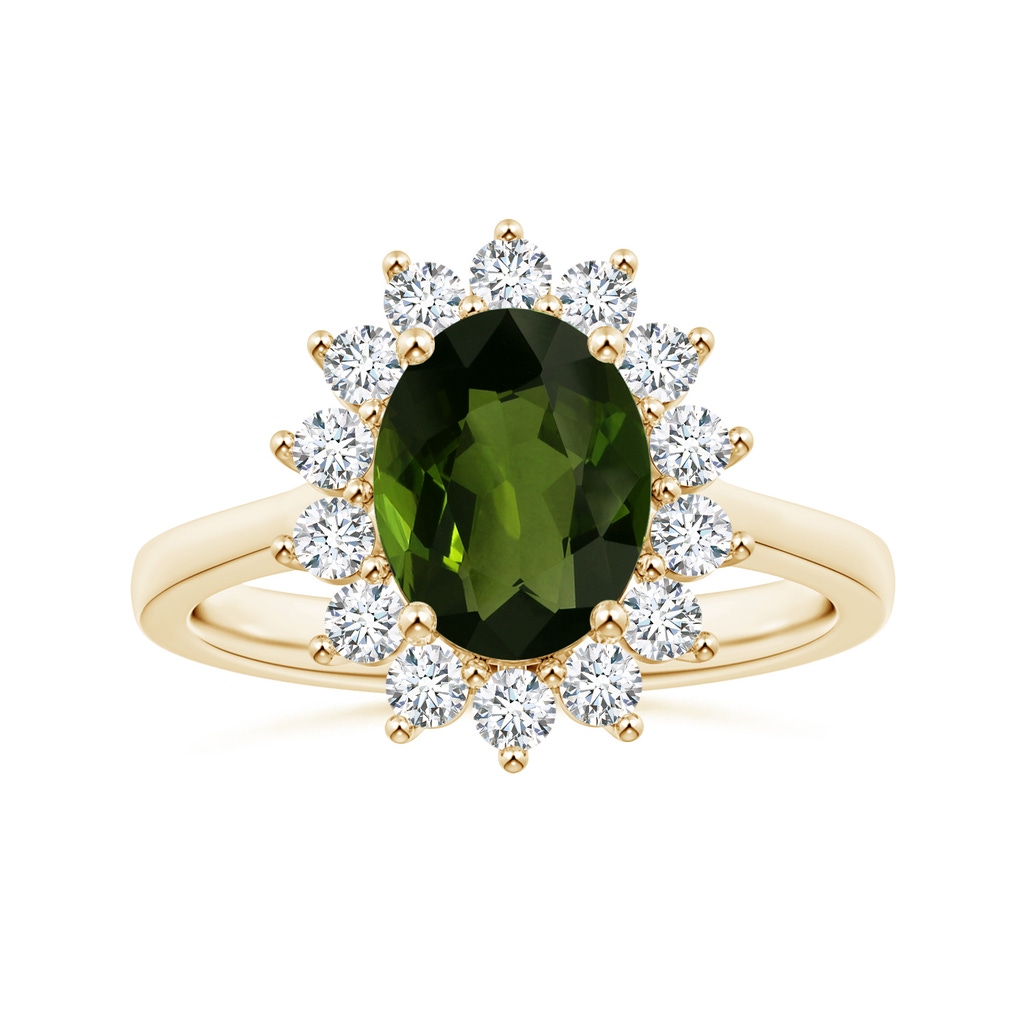 9.78x7.73x4.46mm AAA GIA Certified Princess Diana Inspired Oval Tourmaline Reverse Tapered Shank Ring with Halo in Yellow Gold