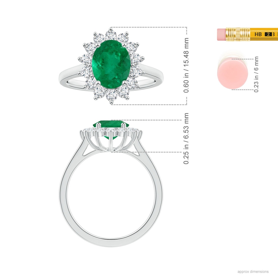 9x7.5mm AAA GIA Certified Princess Diana Inspired Oval Columbian Emerald Halo Ring in 18K White Gold ruler