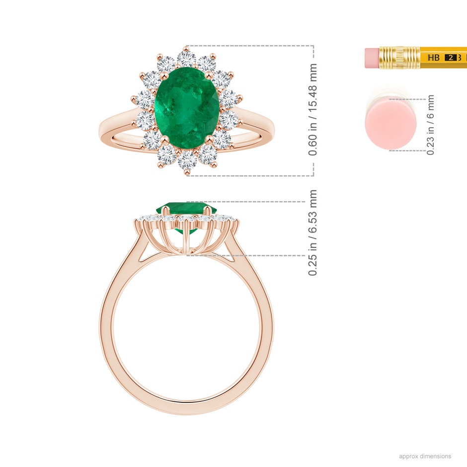 9x7.5mm AAA GIA Certified Princess Diana Inspired Oval Columbian Emerald Halo Ring in Rose Gold ruler