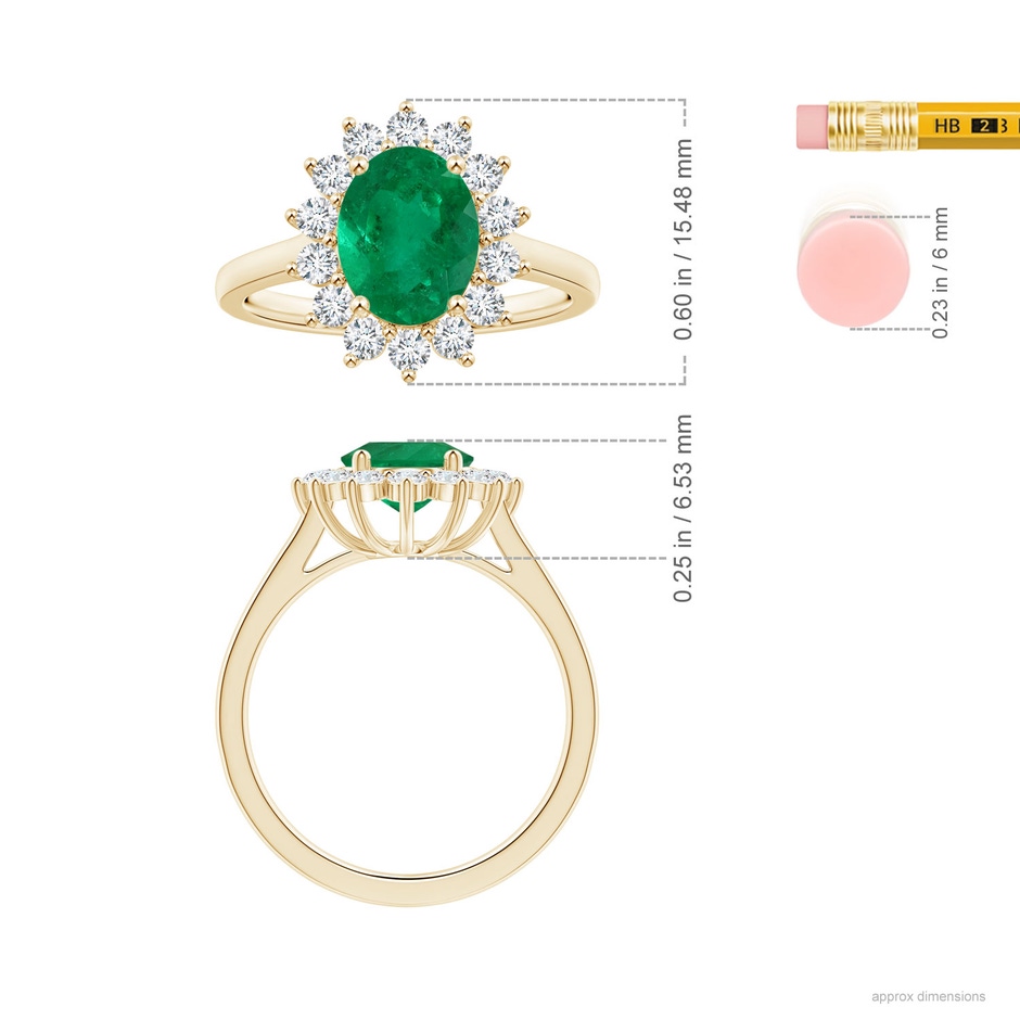 9x7.5mm AAA GIA Certified Princess Diana Inspired Oval Columbian Emerald Halo Ring in Yellow Gold ruler