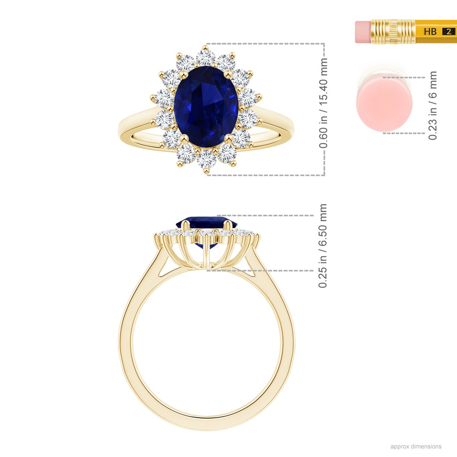 9.62x7.60x4.51mm AAA GIA Certified Princess Diana Inspired Oval Blue Sapphire Ring with Diamond Halo in 18K Yellow Gold ruler